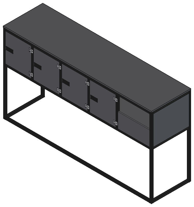 Rendering of the basic galley cabinet with a one-piece top, four doors and an open end bay