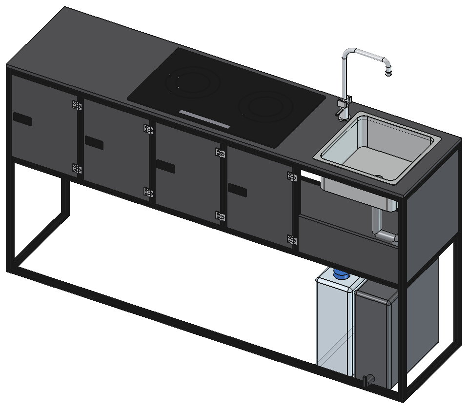 Rendering of the galley cabinet as a full kitchen with an induction cooktop, a sink with a fold-down faucet, and fresh and grey water tanks underneath