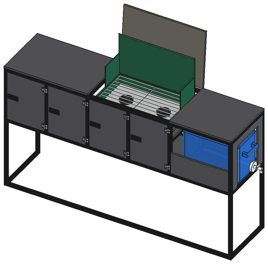 Rendering of the galley cabinet with the stove tray lid open, a two-burner camp stove inside and a 5 gallon water jug in the open end bay