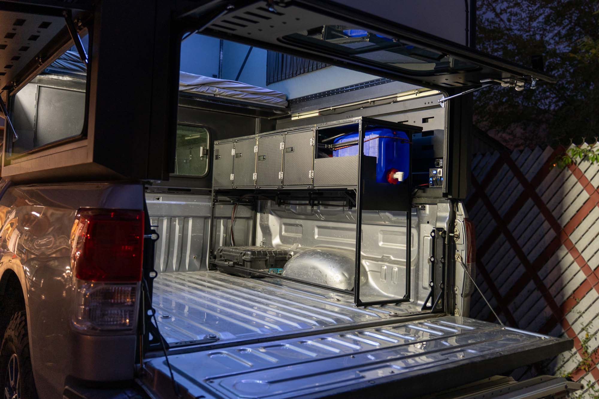 Truck bed with the interior installed for a trip